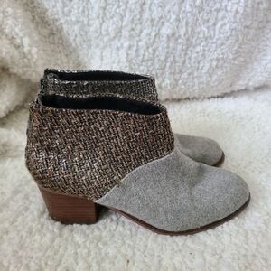 Toms Grey Bouclé Leila Ankle Block‎ Heel Metallic Tweed Western Boho Boots